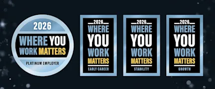 Where You Work Matters award banners acknowledging PHLY as a platinum employer for early career, stability, and growth.