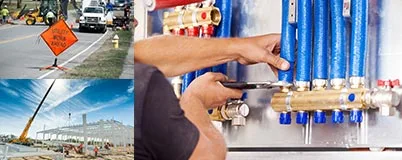 Collage of construction and utility work images, including plumbing and job sites.