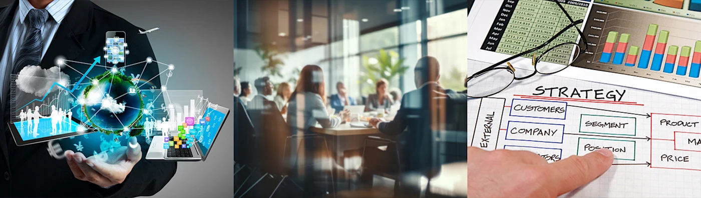 Three-part collage showing technology, a corporate meeting, and a strategic business plan.