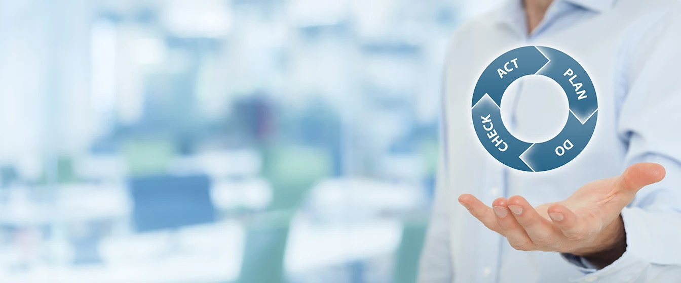 Disaster Planner Business Continuity Banner: A hand appears to hold aloft a graphic of a cycle of words: Act > Plan > Do > Check