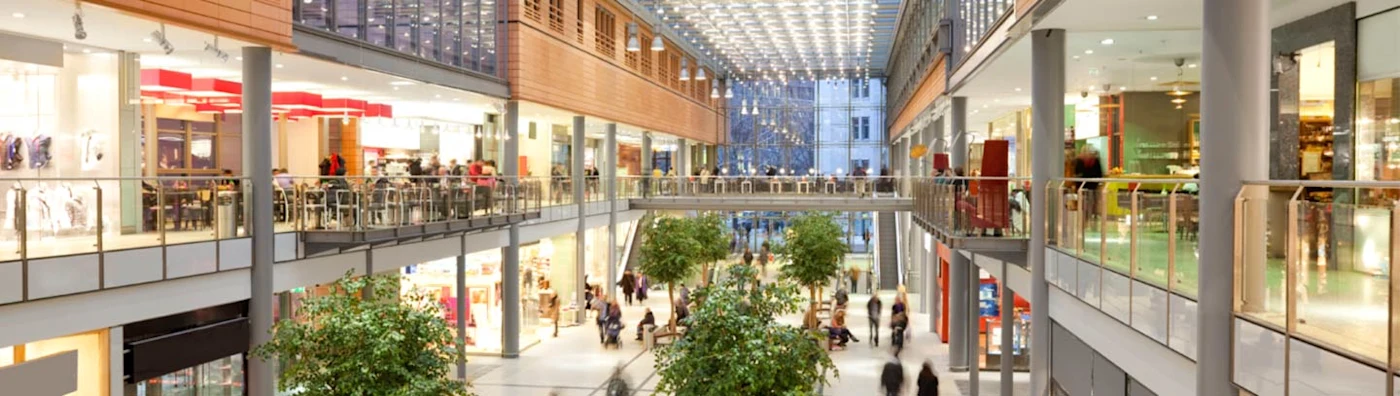 Spacious shopping mall with two levels, storefronts, indoor trees, and people walking around.