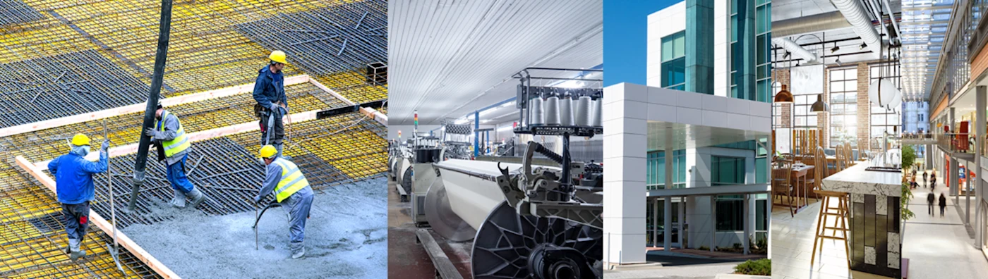 Collage showing construction, manufacturing, office, hospitality, and retail businesses.