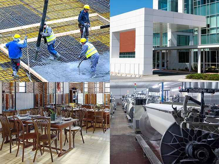 Collage showing construction, manufacturing, office, hospitality, and retail businesses.
