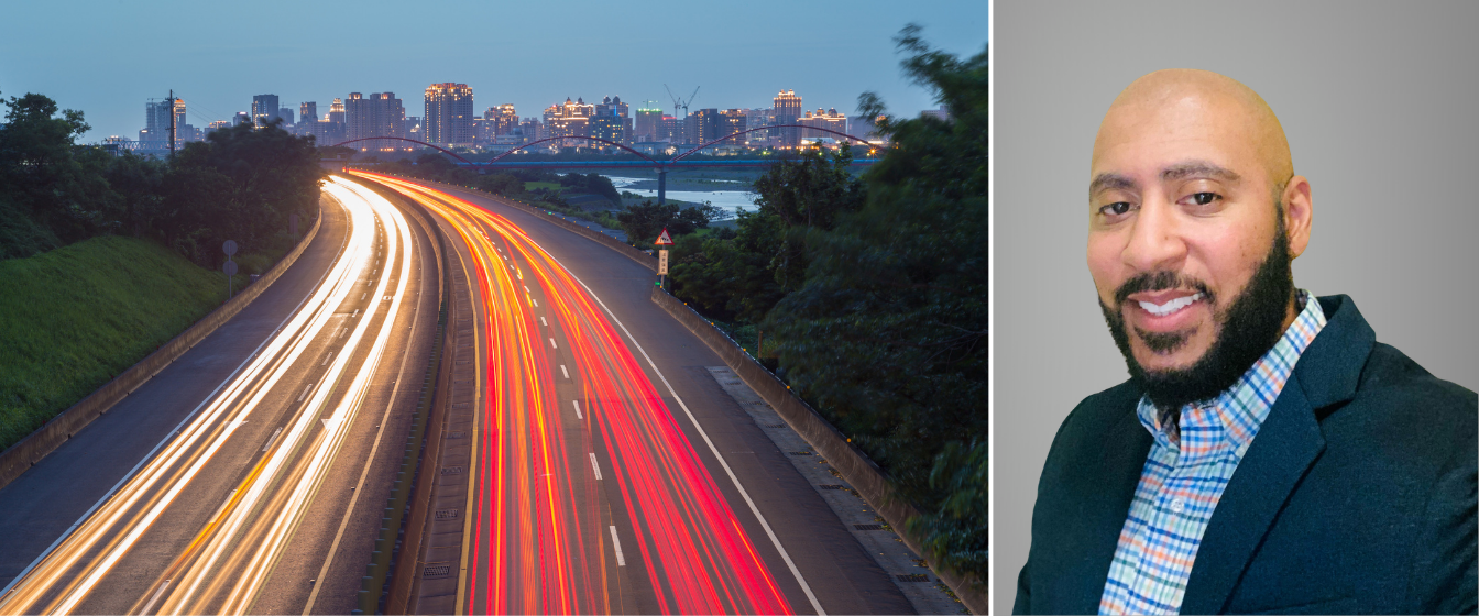 Nick Colletta's headshot overlapping image of highway traffic.