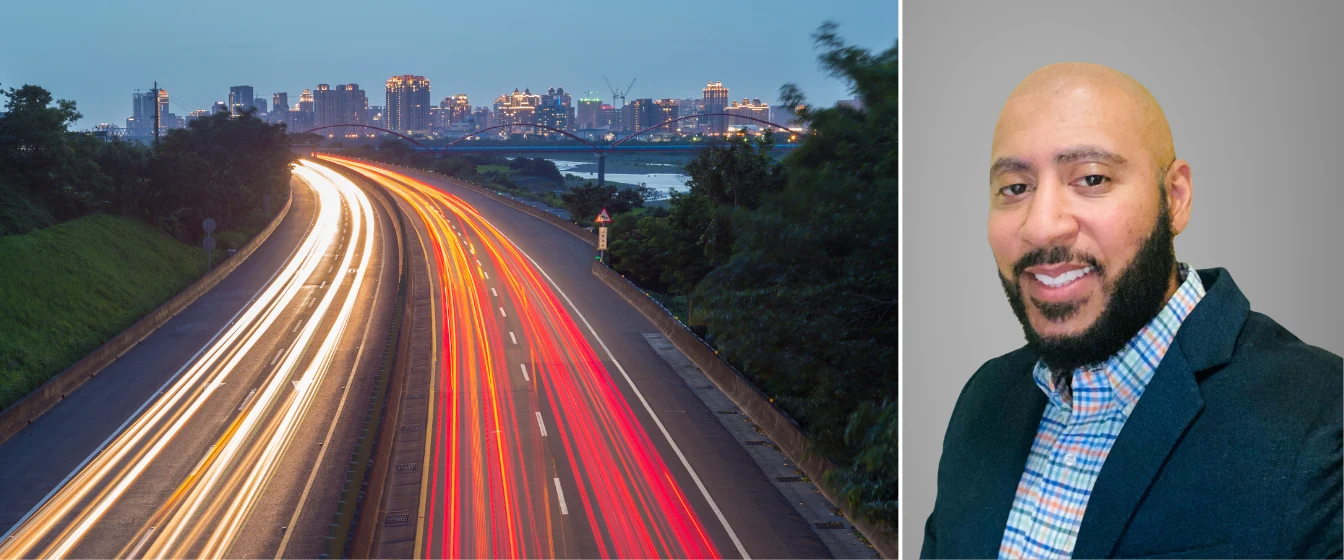 Nick Colletta's headshot overlapping image of highway traffic.