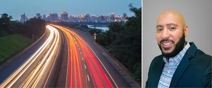Nick Colletta's headshot overlapping image of highway traffic.