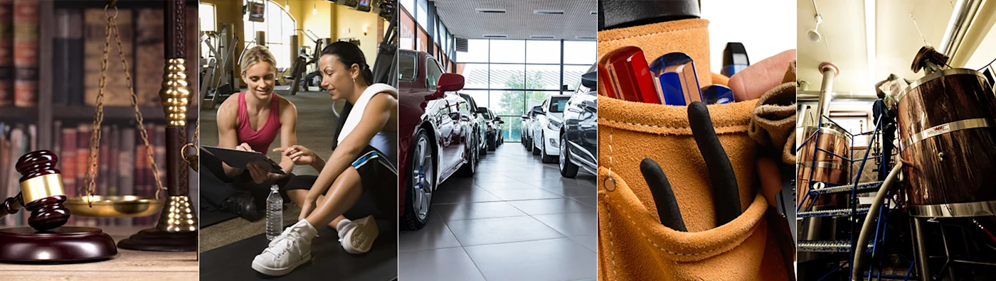 Collage of 5 images: Image 1 Gavel and Justice; Image 2, trainer working with an athlete in a gym; Image 3 lot of cars; Image 4 tool best; Image 5 brewery casks