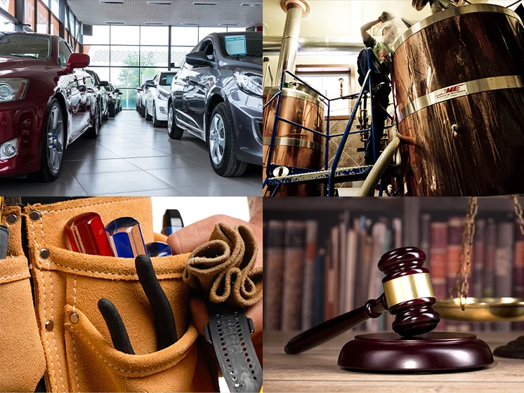 Collage of 5 images: Image 1 Gavel and Justice; Image 2, trainer working with an athlete in a gym; Image 3 lot of cars; Image 4 tool best; Image 5 brewery casks