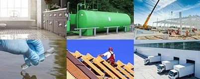 Collage showing images of roofing, water testing, fuel tank, HVAC, cranes, and modern home bathroom fixtures.