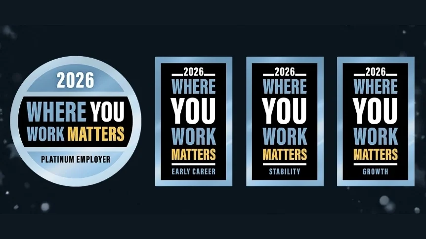 Four banners indicating PHLY's recognition as a "Platinum Employer" in three categories: Early Career, Stability, and Growth