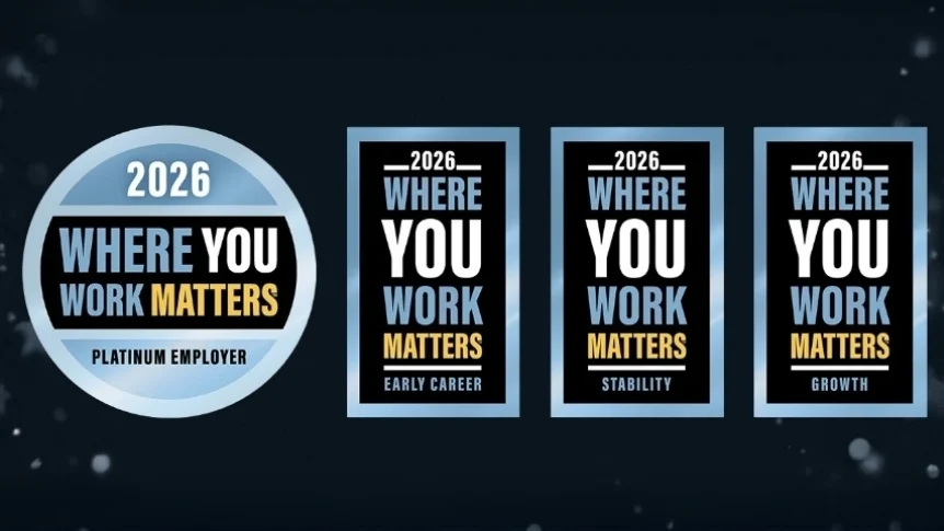 Four banners indicating PHLY's recognition as a "Platinum Employer" in three categories: Early Career, Stability, and Growth