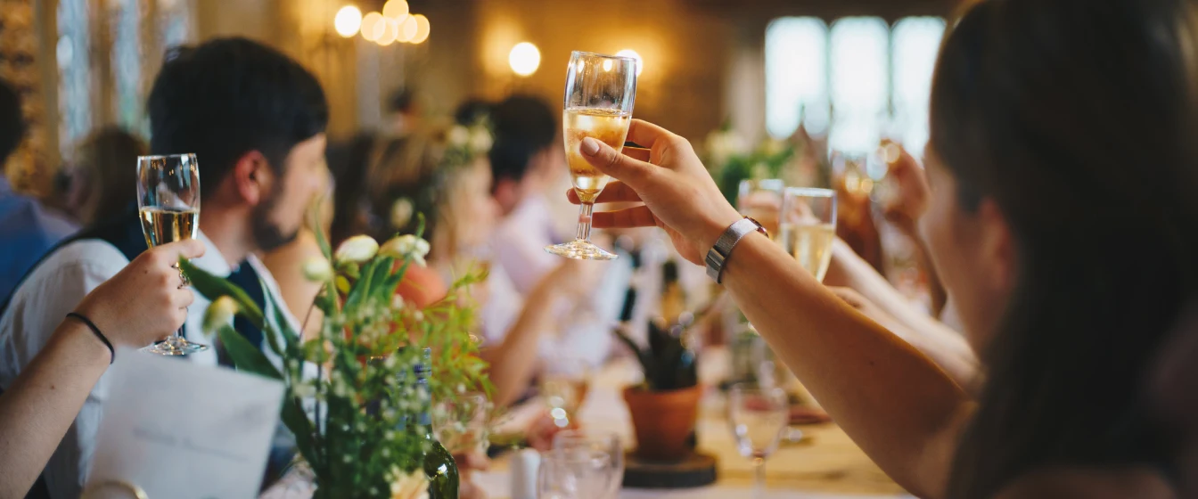 Wedding guests raise a toast at an evening reception, relaxed because they have wedding venue insurance.