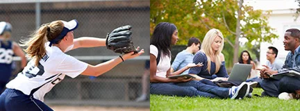 Split frame Intercollegiate scenes: sports and studying on the quad