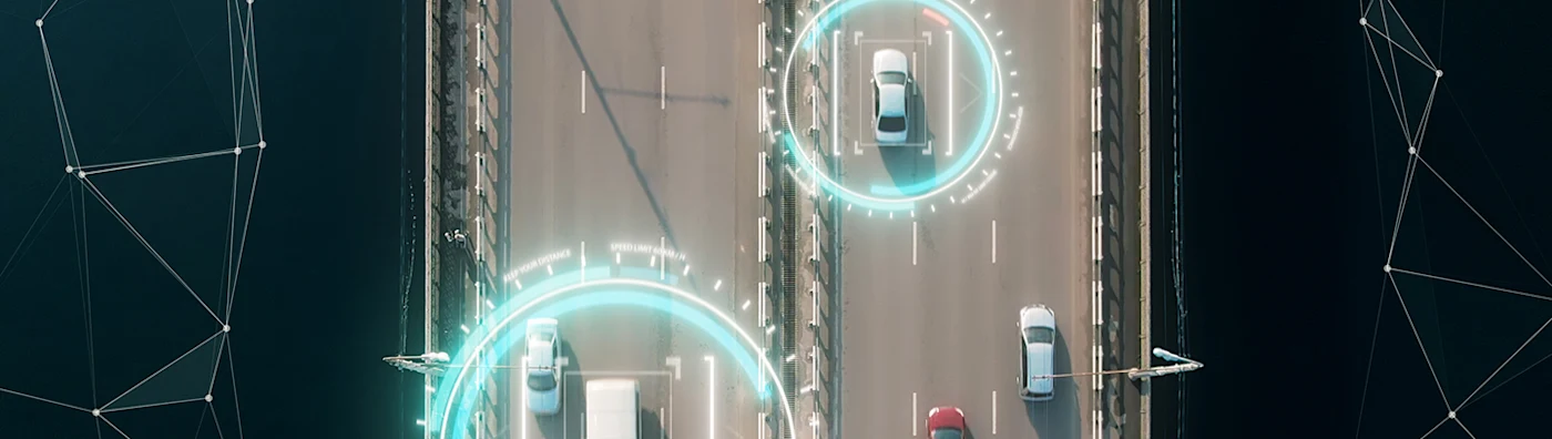 Image of cars on a bridge with graphic "bubbles" to indicate telematics