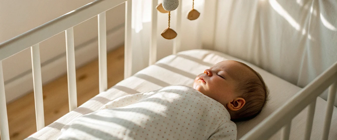 An infant sleeps on its back in a crib during the day