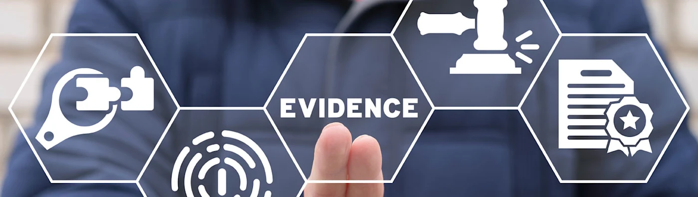 A person in dark clothing touching a virtual screen with icons for evidence and law.