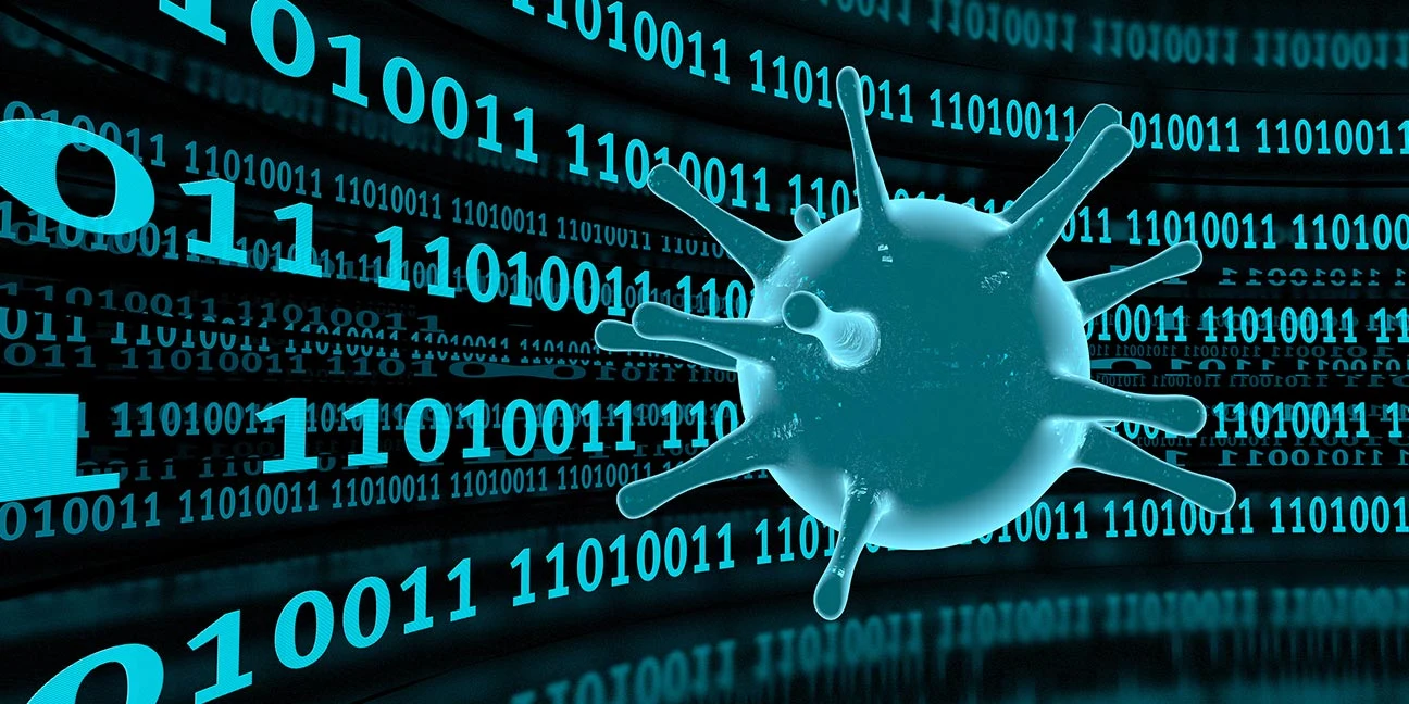 Digital virus concept with binary code and a virus shape symbolizing a cyber threat.