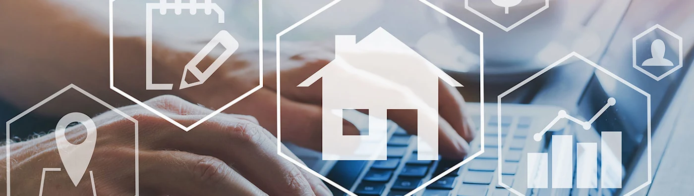 Hands typing on a laptop with overlay icons of a house, graph, location pin, and notebook.
