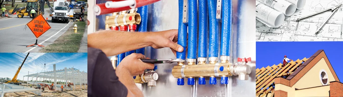 Collage of construction and utility work images, including plumbing, roofing, drafting plans, and job sites.