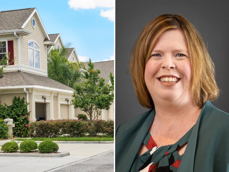 Photo of a neighborhood run by a homeowner's association alongside a headshot of Nicole Reed, Vice President at Philadelphia Insurance Companies (PHLY).