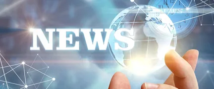 Futuristic “NEWS” graphic with globe, digital connections, and hand reaching toward it.