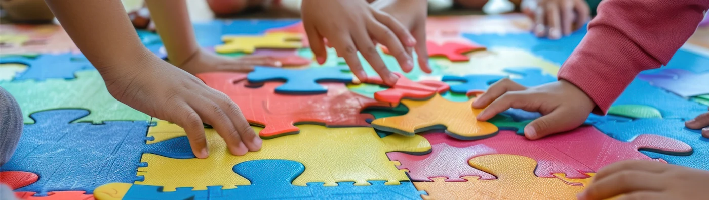 Children sit on a puzzle mat with their hands reaching for large, colorful puzzle pieces.