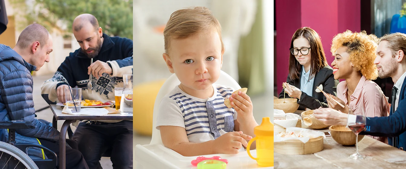 Composite image of a special needs person in a wheelchair being assisted with his meal, a baby in a high chair holding a snack, and a group of adults eating with chopsticks. 