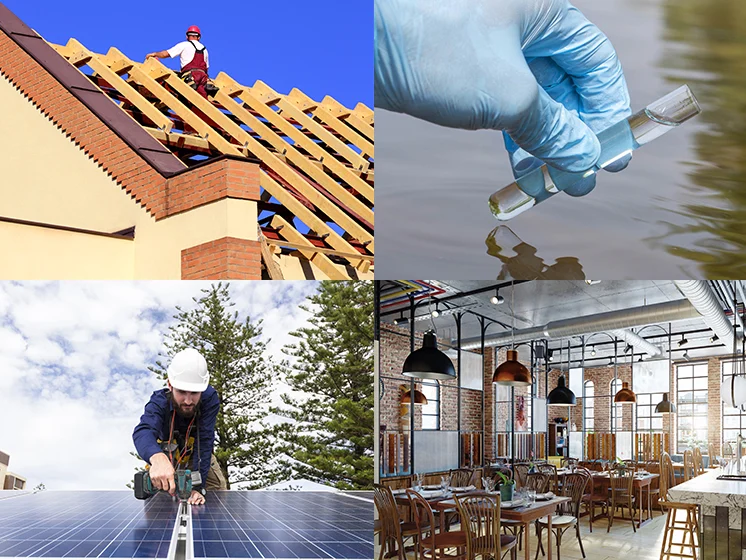 Collage of industries: manufacturing, roofing, water testing, solar, HVAC, tanks, and dining.