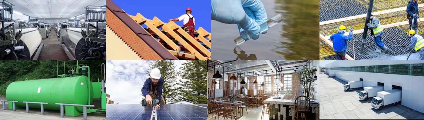 Collage of industries: manufacturing, roofing, water testing, solar, HVAC, tanks, and dining.