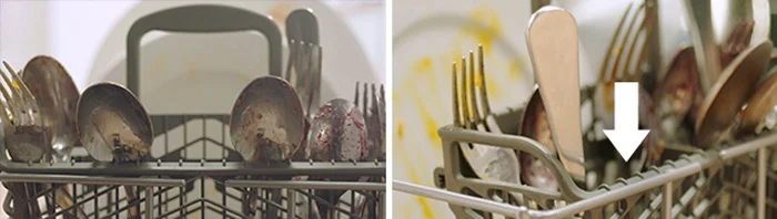 Dirty silverware and cutlery in dishwasher
