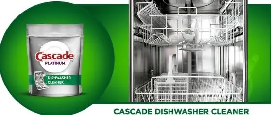 Cascade Dishwasher Cleaner with sparkling clean open dishwasher