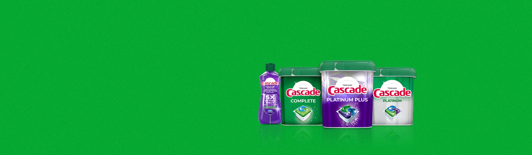 Cascade dishwashing pods, powder and gel detergent horizontal banner
