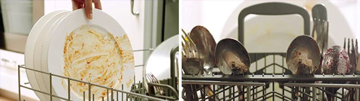 Dirty plate and utensils loaded inside bottom rack and dishwasher basket