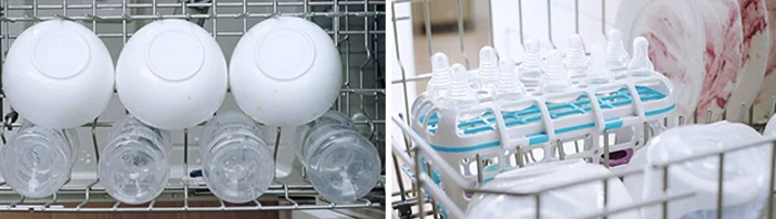 Loading baby bottles and nipples into top rack of dishwasher