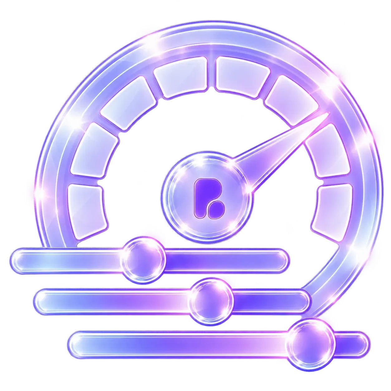Purple glass speedometer with adjustable sliders and the PushBased logo, representing web performance optimization.