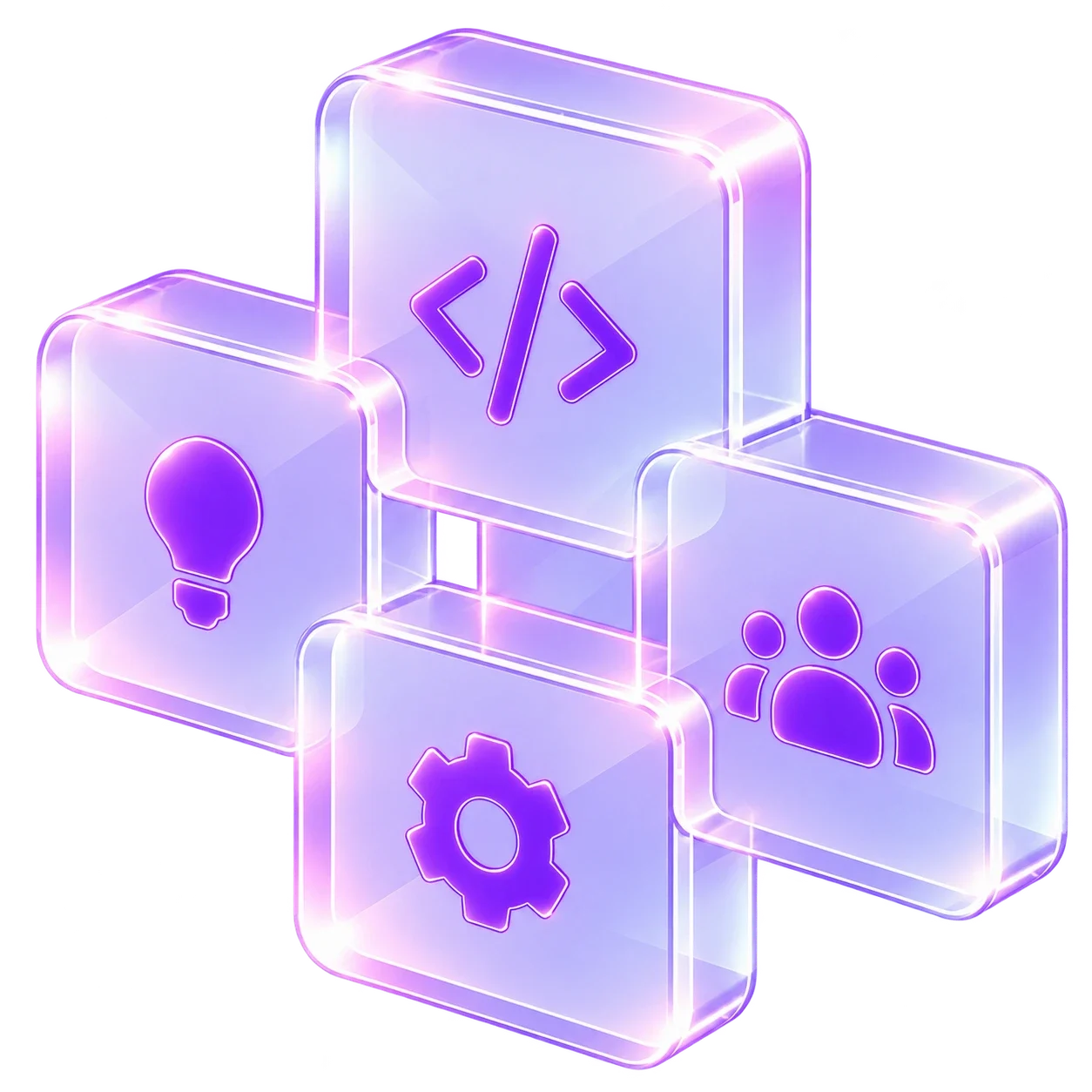 Four interconnected purple glass tiles featuring lightbulb, code, gear, and team icons, representing PushBased's technical services.