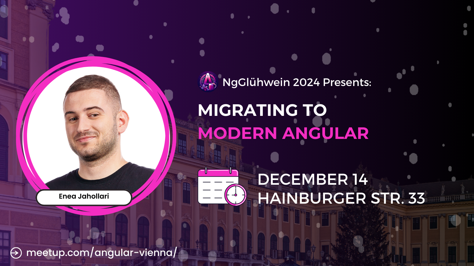 Migrating to Modern Angular at NgGlühwein 2024. Poster.