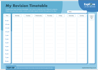 A downloadable revision planner with times down the left hand side and days of the week across the top.