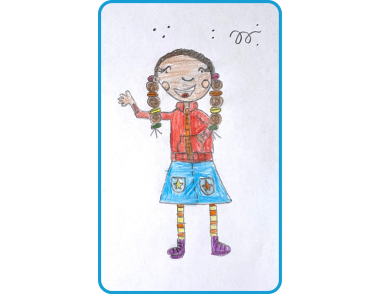A pencil drawing featuring a young black girl with pig tails that have a range of colourful hair bands in them.  She is wearing a red zip-up hoody, denim skirt with two pockets with multicoloured starts on them and red and yellow striped tights. 