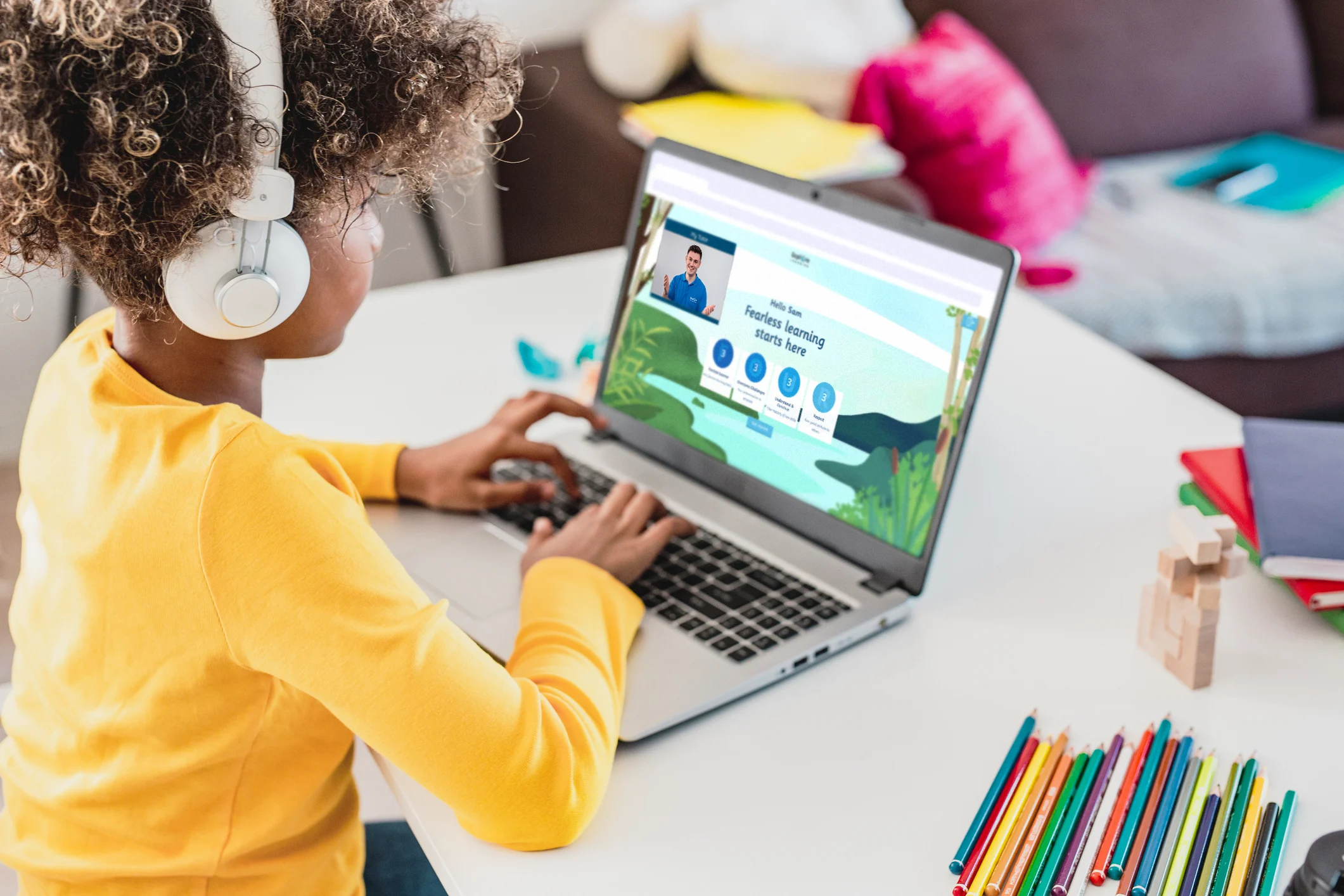 Young girl taking part in an online tuition session with an Explore Learning tutor using our smart learning tool.