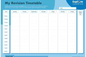 An example of a revision timetable showing a list of times down the left hand side and days across the top. 