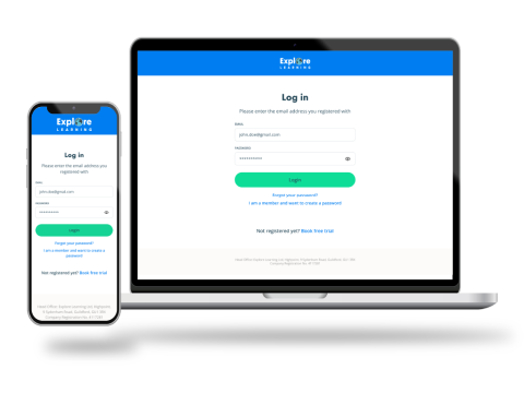 A mockup of Explore Learning's member portal log in screen shown on a laptop and mobile.