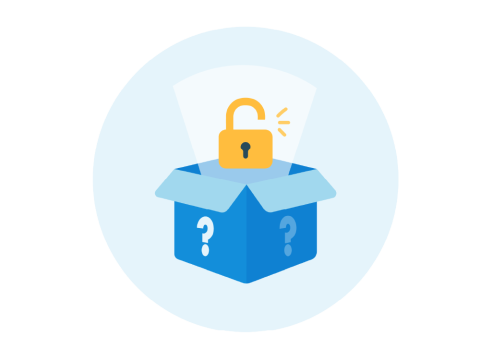 A yellow lock pops out of an open blue box with a question mark on it.