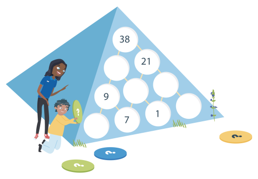 illustration of an Explore Learning tutor with a child working out a practical maths problem.