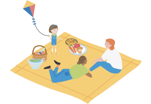 illustration of a family sitting on a picnic blanket 
