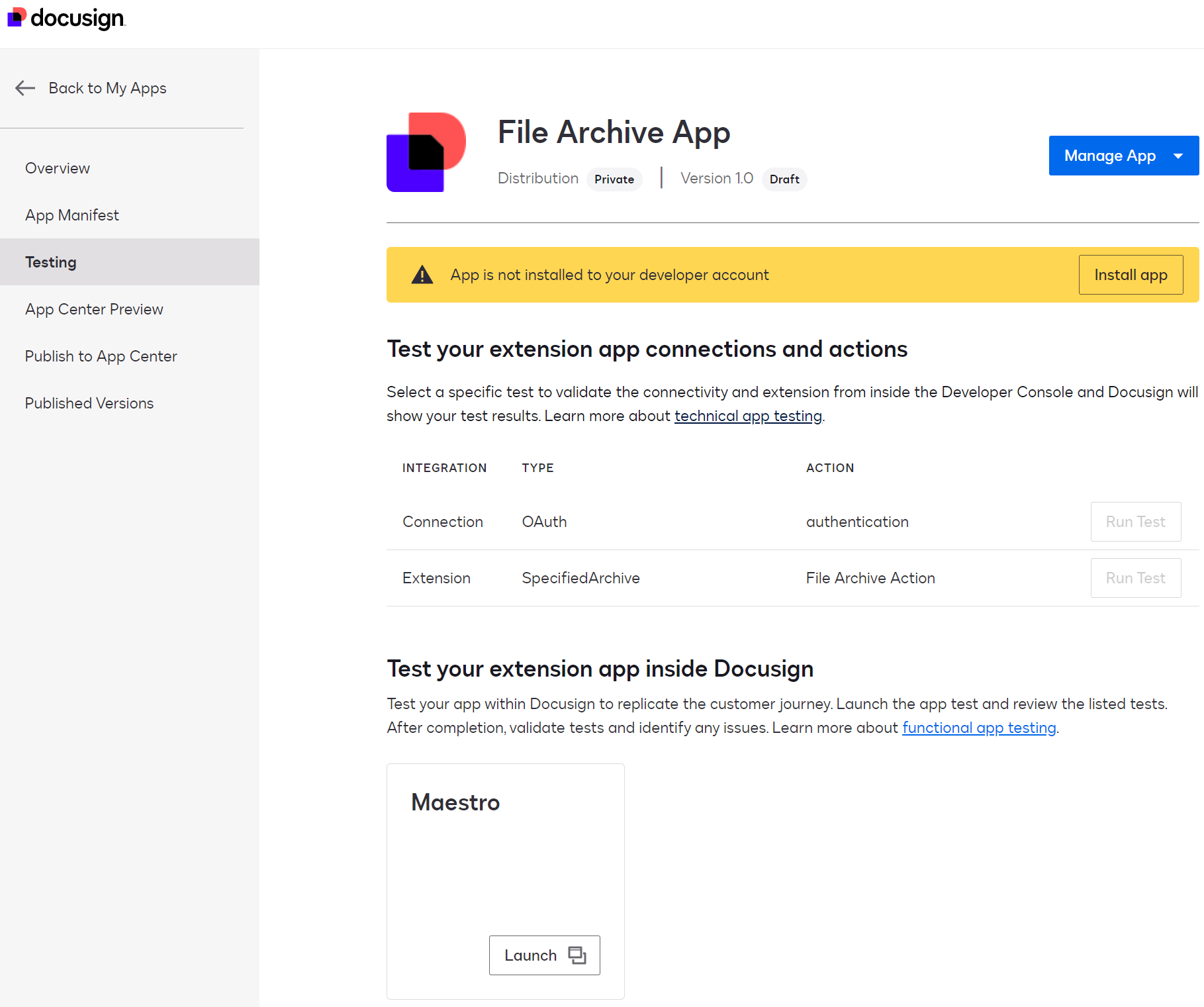 Extension app integration tests | Docusign
