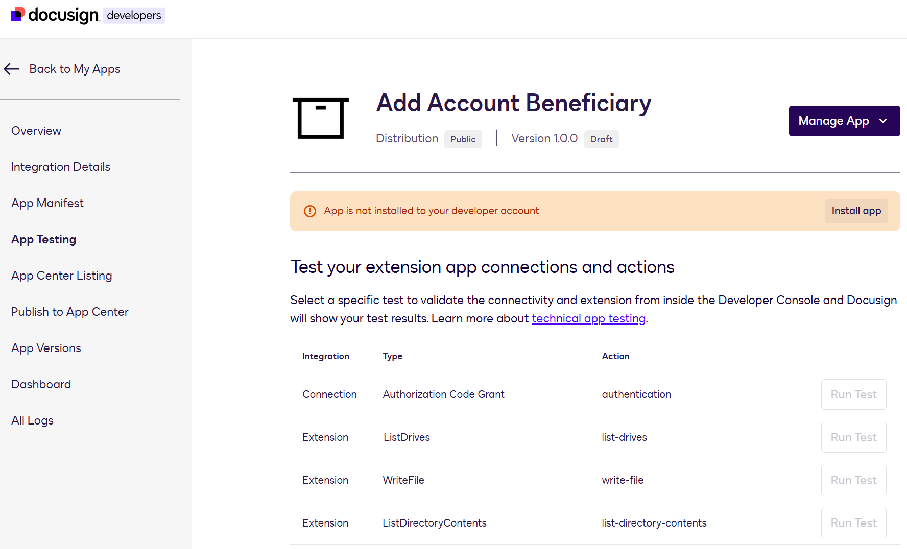 Extension app integration tests | Docusign