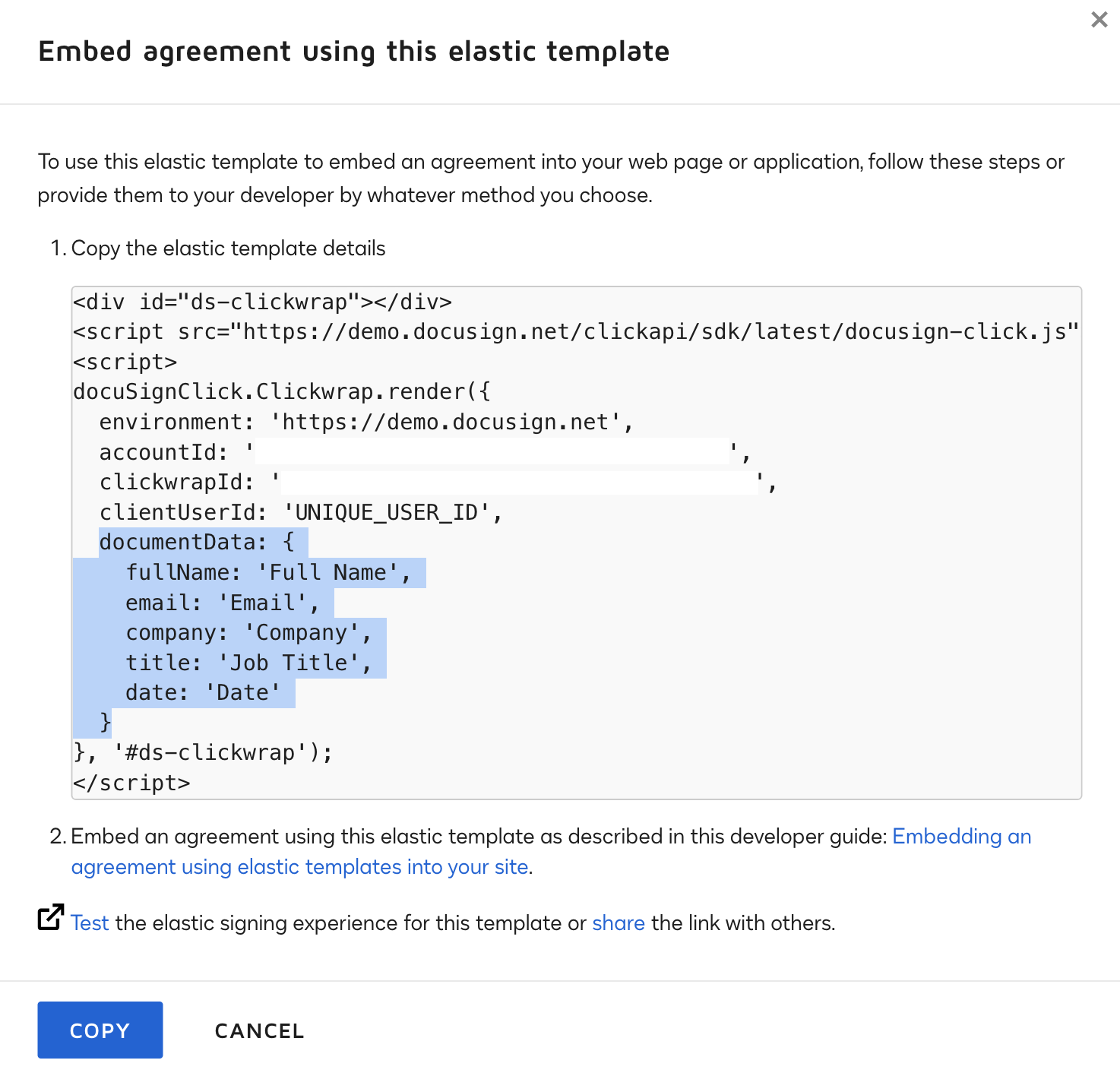 Customize elastic template fields Docusign