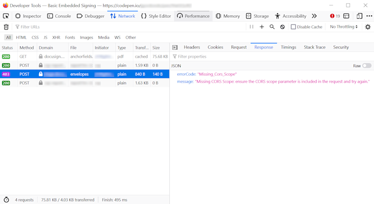 Cross Error CORS error responses | Docusign
