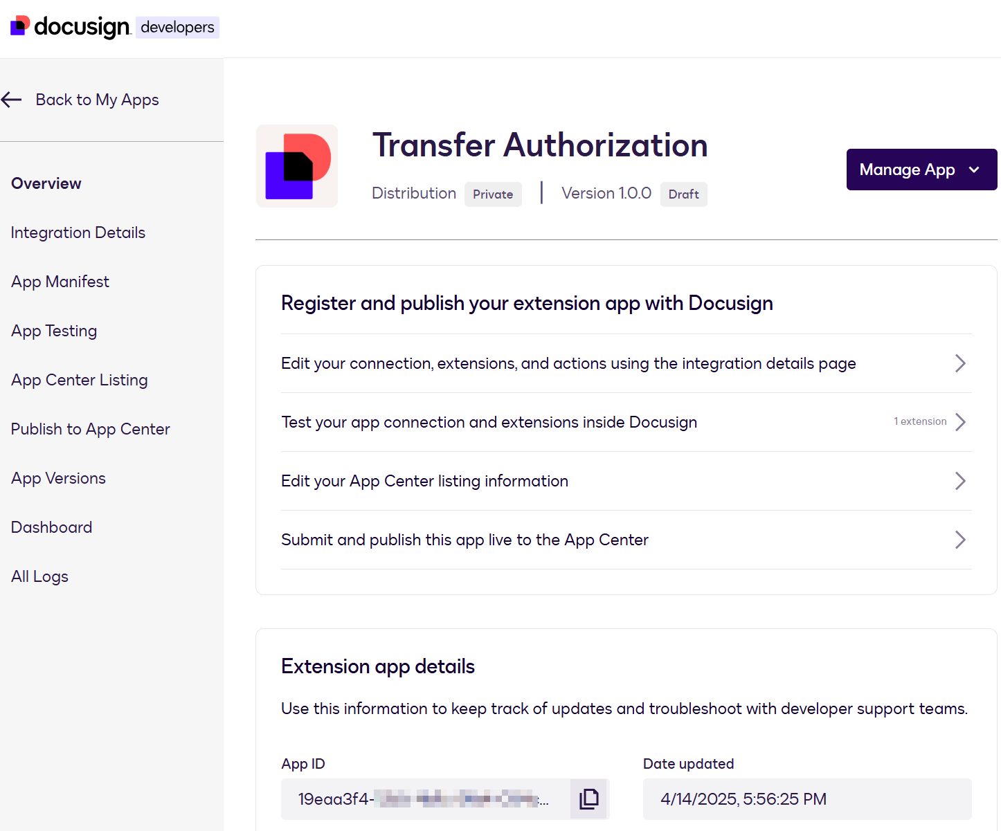 Ext App Use a form to register an extension app | Docusign